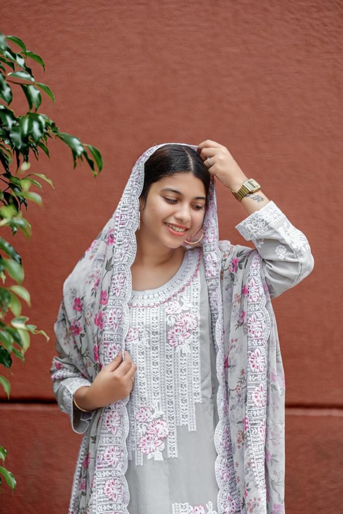 Model in the dove grey Mehrin embroidered set