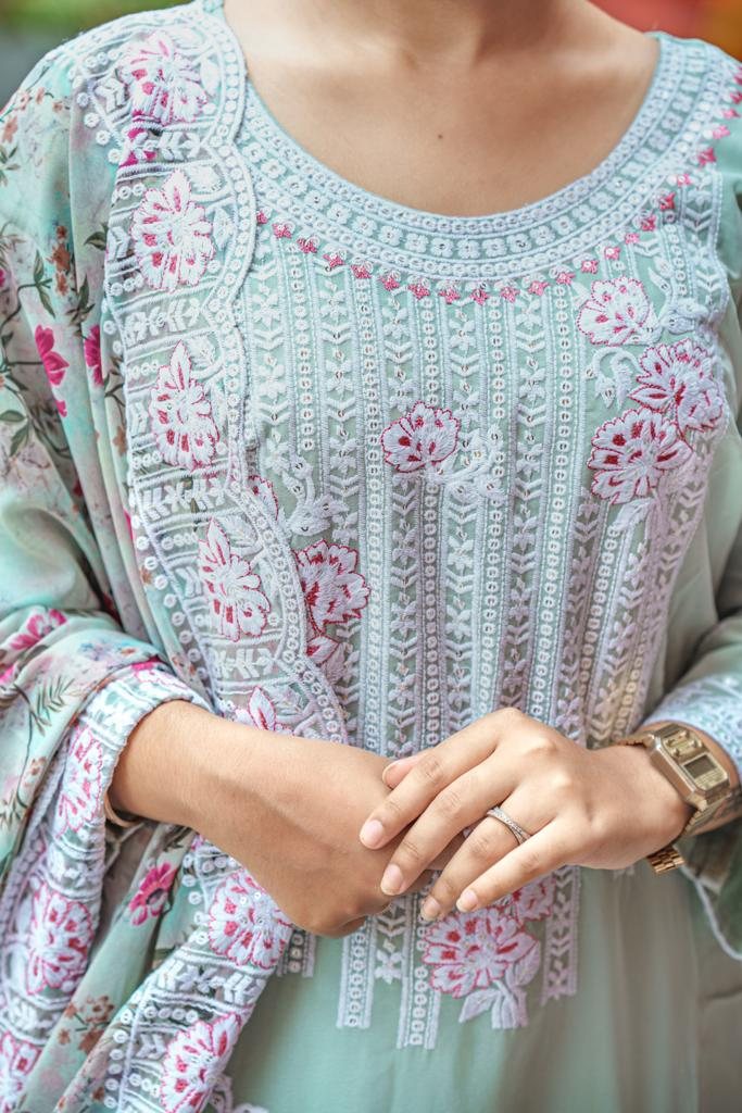 Thread and sequin embroidery on the sea mint Mehrin kurta